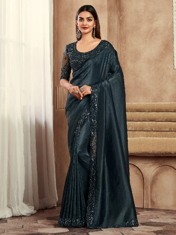 Women's Satin Silk Black Embellished Designer Saree With Blouse Piece Vintage Lace Blouse Women's Satin Silk Black Embellished Designer Saree With Blouse Piece Vintage Lace Blouse