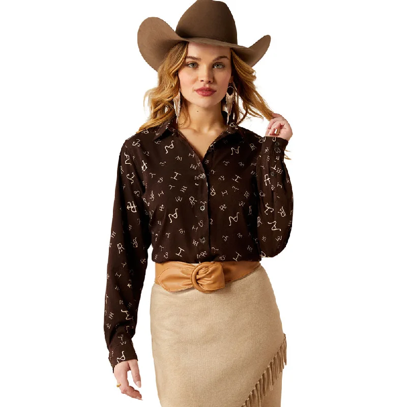 10052970 Ariat Women's Homestyle Long Sleeve Western Shirt - Mole Ranch Brand Print-- Satin Blend Silk Blend Wool Blend 10052970 Ariat Women's Homestyle Long Sleeve Western Shirt - Mole Ranch Brand Print-- Satin Blend Silk Blend Wool Blend