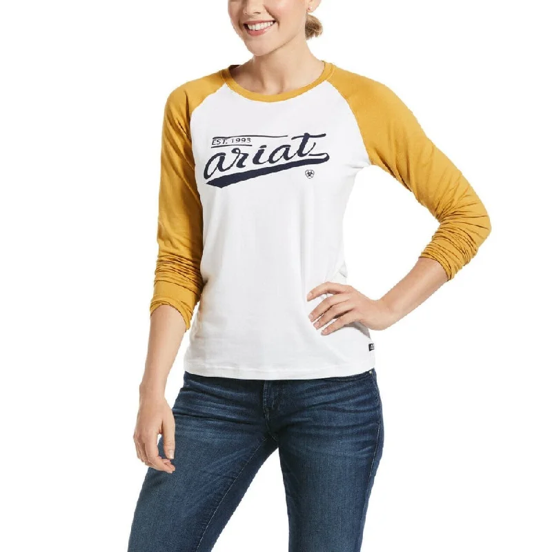 10032753 Ariat Ladies Varsity Logo Long Sleeve White T-Shirt-- Mesh Blend Leather Blend Suede Blend 10032753 Ariat Ladies Varsity Logo Long Sleeve White T-Shirt-- Mesh Blend Leather Blend Suede Blend