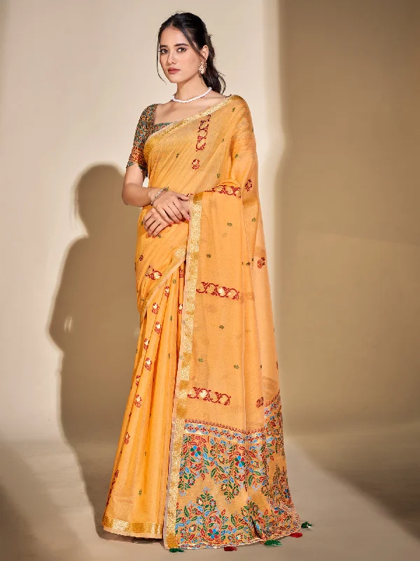 Women's Cotton Blend Yellow Woven Design Designer Saree With Blouse Piece Lightweight Linen Blouse Women's Cotton Blend Yellow Woven Design Designer Saree With Blouse Piece Lightweight Linen Blouse