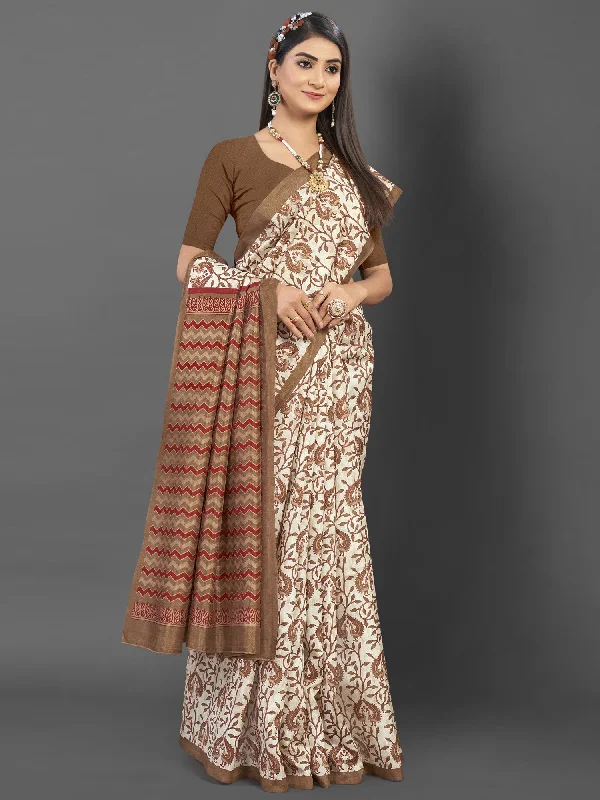 Women's Bhagalpuri Silk Off White Printed Designer Saree With Blouse Piece Elegant Semi-Sheer Blouse Women's Bhagalpuri Silk Off White Printed Designer Saree With Blouse Piece Elegant Semi-Sheer Blouse