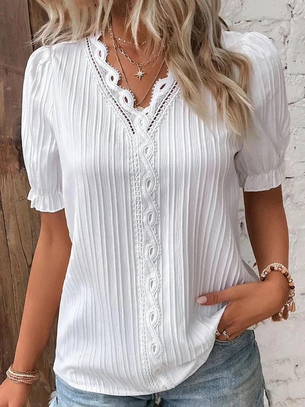 Summer new holiday fashion hollow short-sleeved women's shirt-- Print Jacquard Patchwork Summer new holiday fashion hollow short-sleeved women's shirt-- Print Jacquard Patchwork