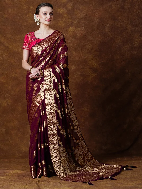 Women's Georgette Burgundy Woven Design Designer Saree With Blouse Piece Everyday Stylish Blouse Women's Georgette Burgundy Woven Design Designer Saree With Blouse Piece Everyday Stylish Blouse