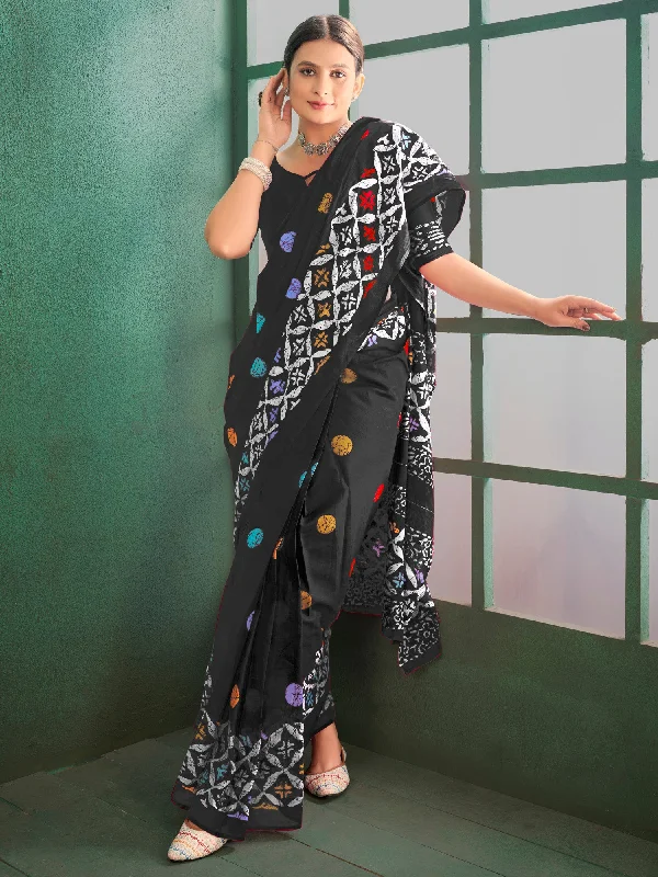 Women's Cotton Black Printed Designer Saree With Blouse Piece Polished Work Blouse