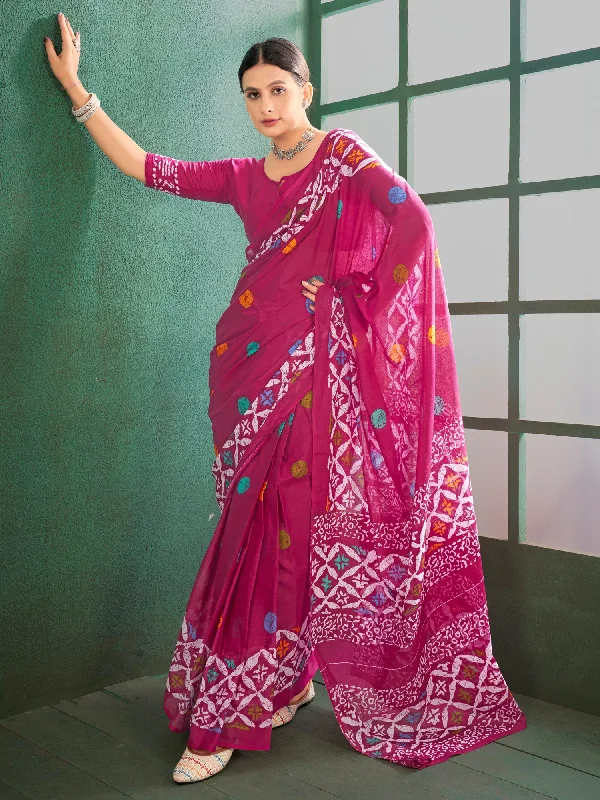 Women's Cotton Pink Printed Designer Saree With Blouse Piece Frilled Cuff Blouse