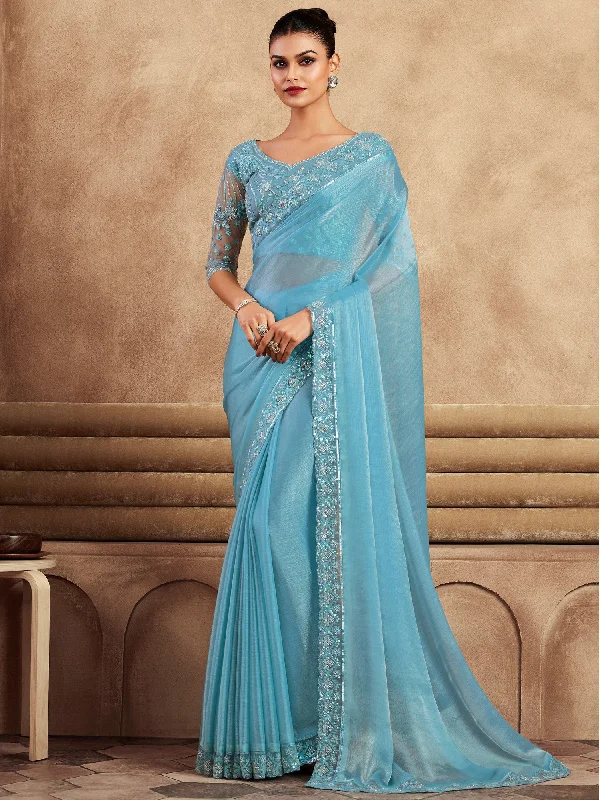 Women's Chiffon Light Blue Embellished Designer Saree With Blouse Piece Stylish Wrap Blouse Women's Chiffon Light Blue Embellished Designer Saree With Blouse Piece Stylish Wrap Blouse