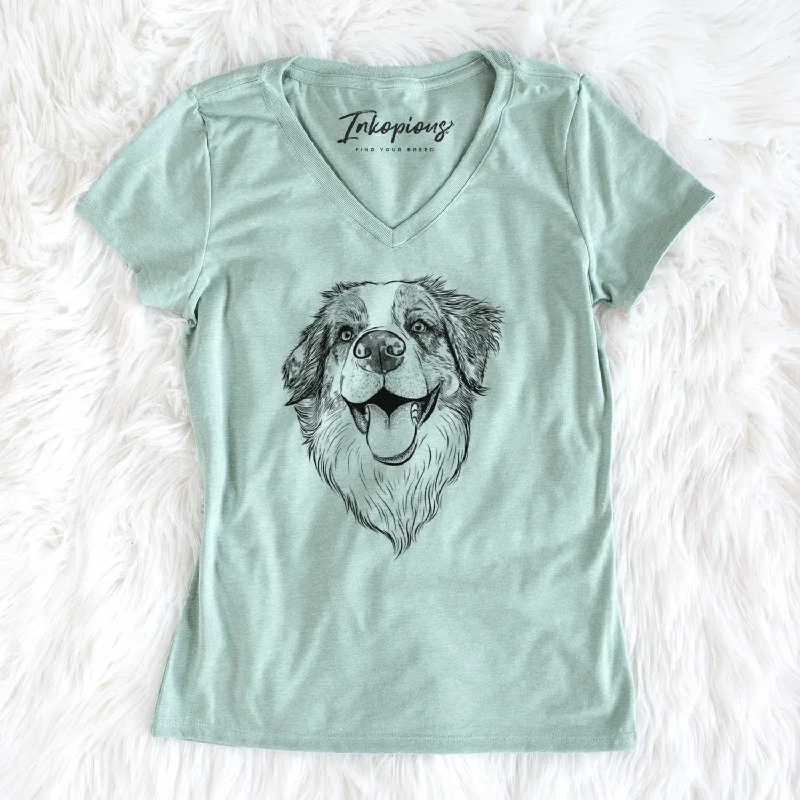 Bare Mila the Australian Shepherd - Women's V-neck Shirt-- Welt Pockets Slit Pockets Bare Mila the Australian Shepherd - Women's V-neck Shirt-- Welt Pockets Slit Pockets
