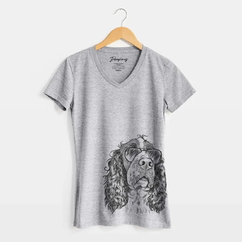 Aviator Millie Mae the English Springer Spaniel - Women's V-neck Shirt-- Asymmetrical Pockets Print Aviator Millie Mae the English Springer Spaniel - Women's V-neck Shirt-- Asymmetrical Pockets Print