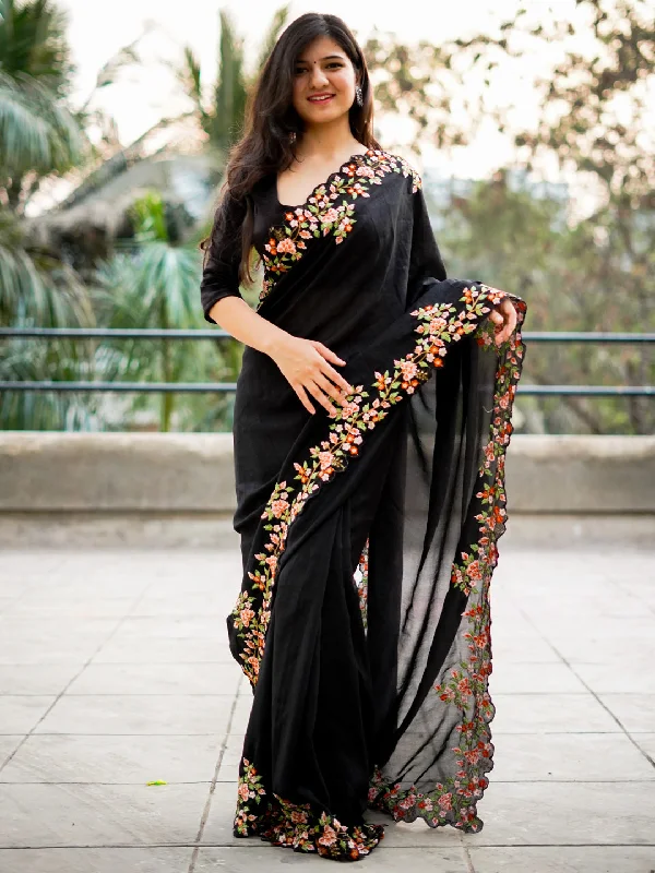 Women's Vichitra Silk Black Embroidered Designer Saree With Blouse Piece Airy Cotton Blouse Women's Vichitra Silk Black Embroidered Designer Saree With Blouse Piece Airy Cotton Blouse