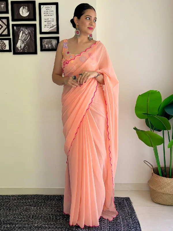 Women's Georgette Peach Embellished Designer Saree With Blouse Piece Embroidered Cotton Blouse Women's Georgette Peach Embellished Designer Saree With Blouse Piece Embroidered Cotton Blouse
