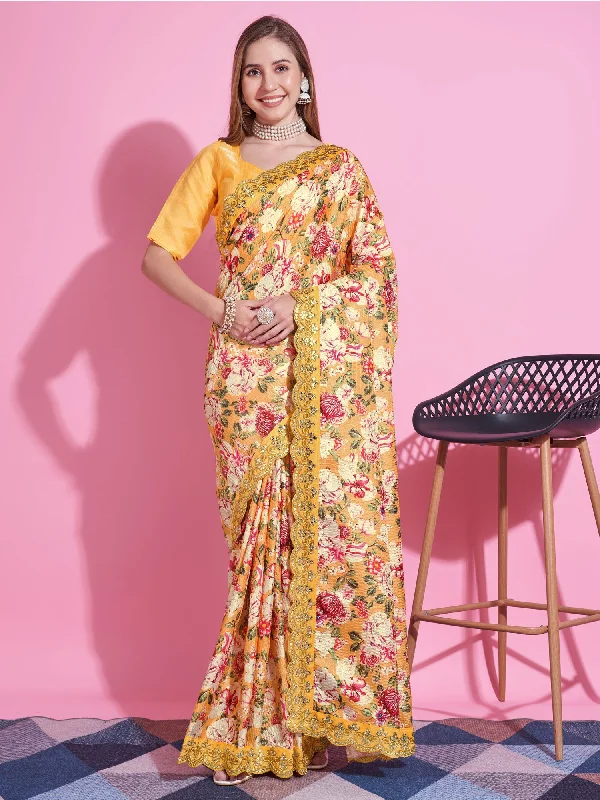 Women's Vichitra Silk Yellow Embellished Designer Saree With Blouse Piece Chic Ruffle Blouse Women's Vichitra Silk Yellow Embellished Designer Saree With Blouse Piece Chic Ruffle Blouse