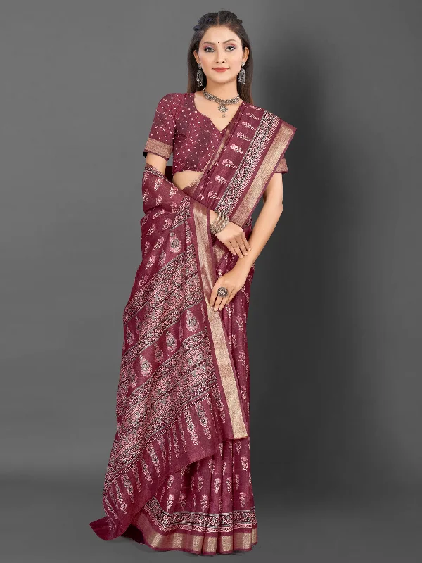 Women's Silk Blend Magenta Printed Designer Saree With Blouse Piece Sheer Mesh Blouse Women's Silk Blend Magenta Printed Designer Saree With Blouse Piece Sheer Mesh Blouse