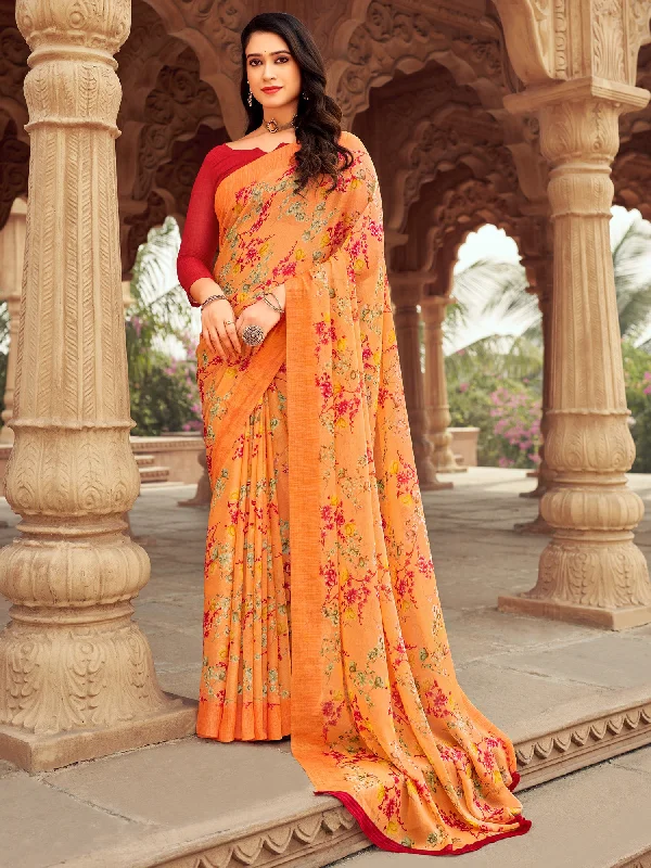 Women's Chiffon Orange Printed Designer Saree With Blouse Piece Sleeveless Summer Blouse Women's Chiffon Orange Printed Designer Saree With Blouse Piece Sleeveless Summer Blouse