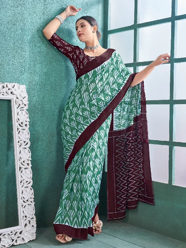Women's Cotton Sea Green Printed Designer Saree With Blouse Piece Double Button Blouse Women's Cotton Sea Green Printed Designer Saree With Blouse Piece Double Button Blouse
