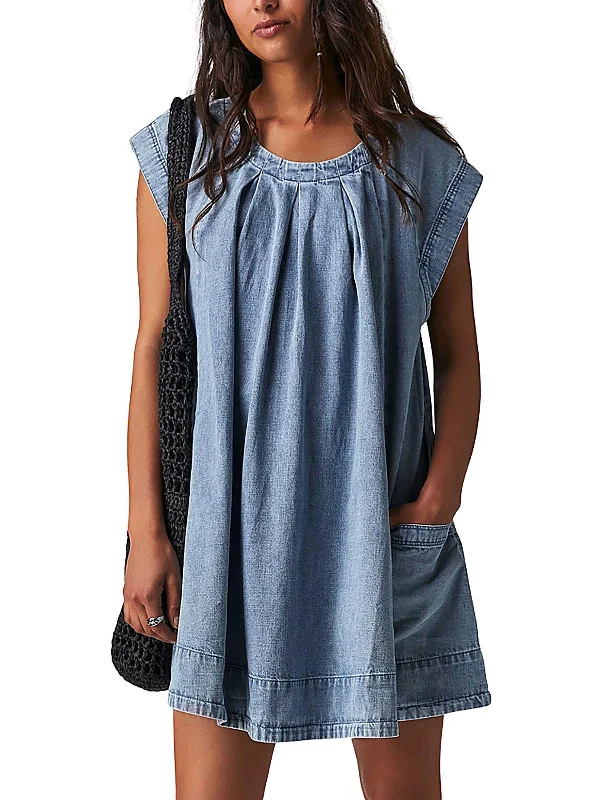 Marcel Womens Denim Short Mini Dress Fashionable Lace-Trim Mini Dress