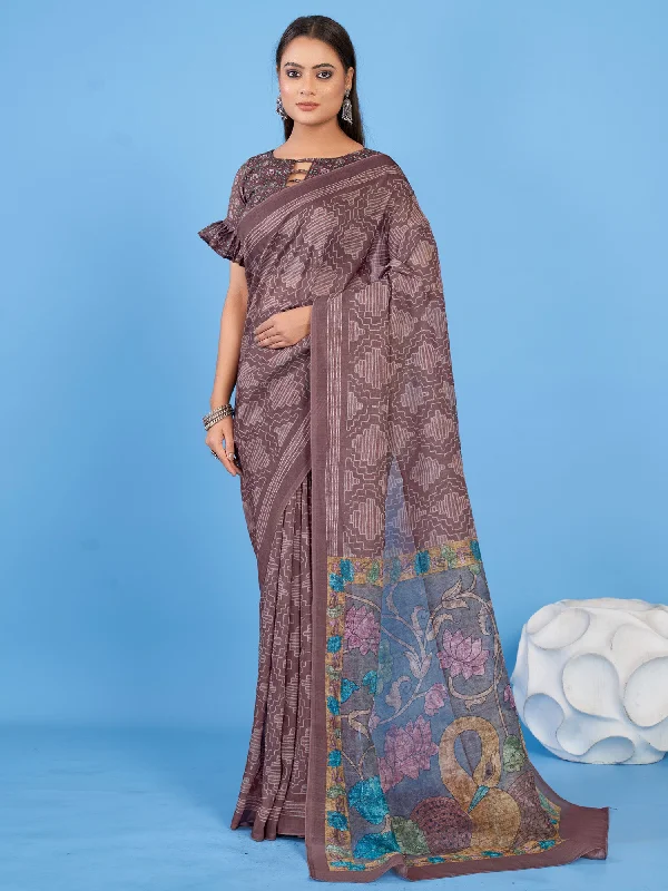 Women's Linen Blend Brown Printed Designer Saree With Blouse Piece Sweetheart Neck Blouse Women's Linen Blend Brown Printed Designer Saree With Blouse Piece Sweetheart Neck Blouse