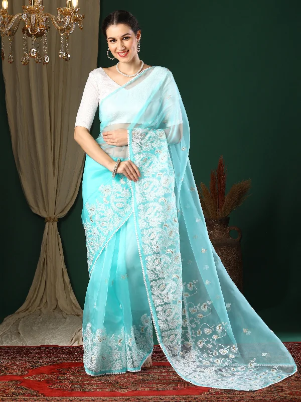 Women's Organza Light Blue Embroidered Designer Saree With Blouse Piece Casual Relaxed Fit Blouse Women's Organza Light Blue Embroidered Designer Saree With Blouse Piece Casual Relaxed Fit Blouse