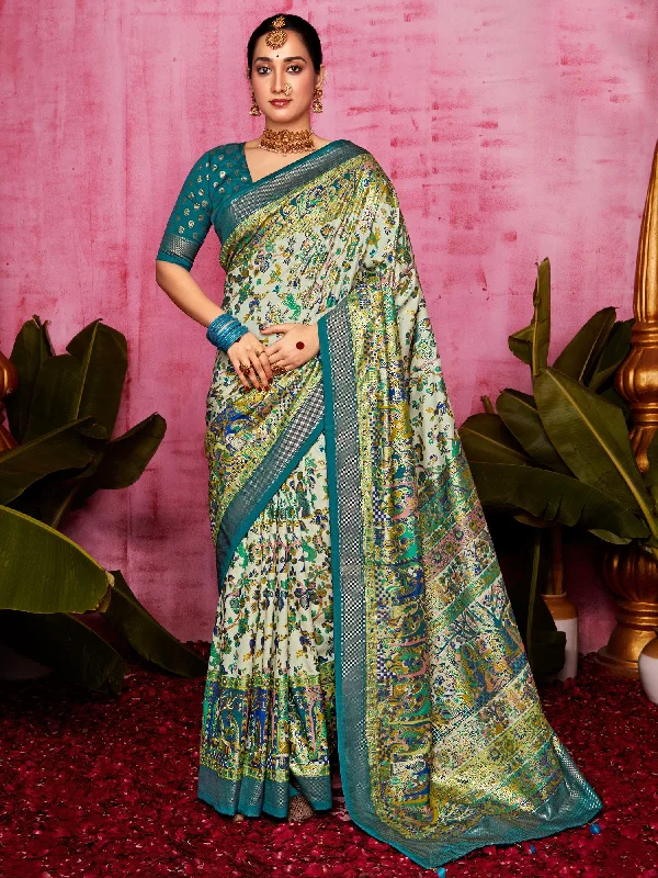 Women's Tussar Silk Cream Printed Designer Saree With Blouse Piece Feminine Puff Blouse Women's Tussar Silk Cream Printed Designer Saree With Blouse Piece Feminine Puff Blouse