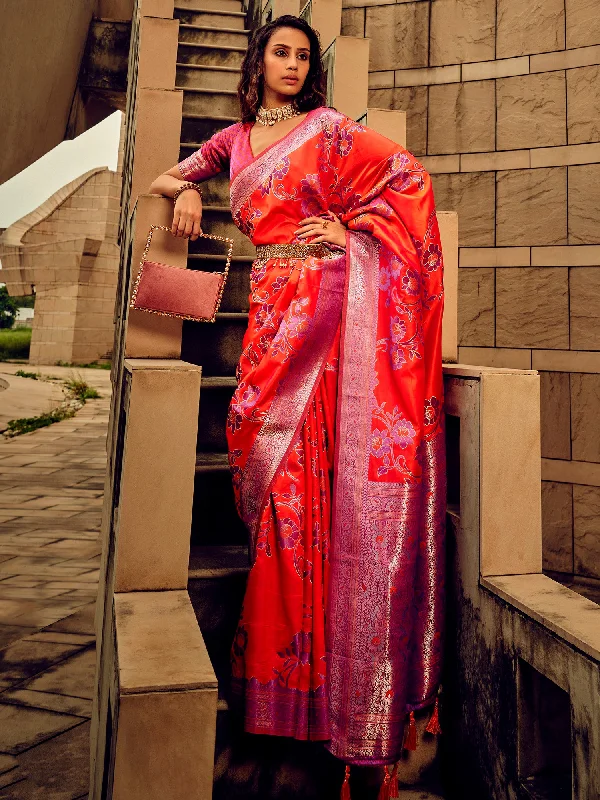 Women's Satin Silk Red Woven Design Designer Saree With Blouse Piece Embellished Collar Blouse Women's Satin Silk Red Woven Design Designer Saree With Blouse Piece Embellished Collar Blouse