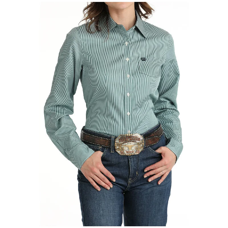 MSW9164224 Cinch Women's Long Sleeve Western Tencel Button Up Shirt - Teal Stripe-- Hooded Caped Shawl Collar MSW9164224 Cinch Women's Long Sleeve Western Tencel Button Up Shirt - Teal Stripe-- Hooded Caped Shawl Collar
