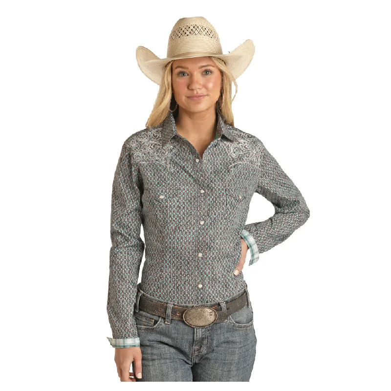 RSWSOSR0NC Panhandle Rough Stock Ladies Embroidered Retro Snap Shirt - Chocolate and Turquoise-- Houndstooth Herringbone Solid RSWSOSR0NC Panhandle Rough Stock Ladies Embroidered Retro Snap Shirt - Chocolate and Turquoise-- Houndstooth Herringbone Solid