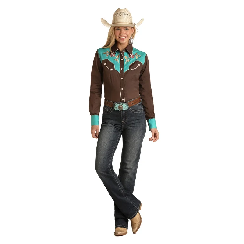 WLWSOSR0U0 Panhandle Ladies Embroidered Retro Snap Shirt - Chocolate and Turquoise-- Collared Crew Neck Turtle Neck WLWSOSR0U0 Panhandle Ladies Embroidered Retro Snap Shirt - Chocolate and Turquoise-- Collared Crew Neck Turtle Neck