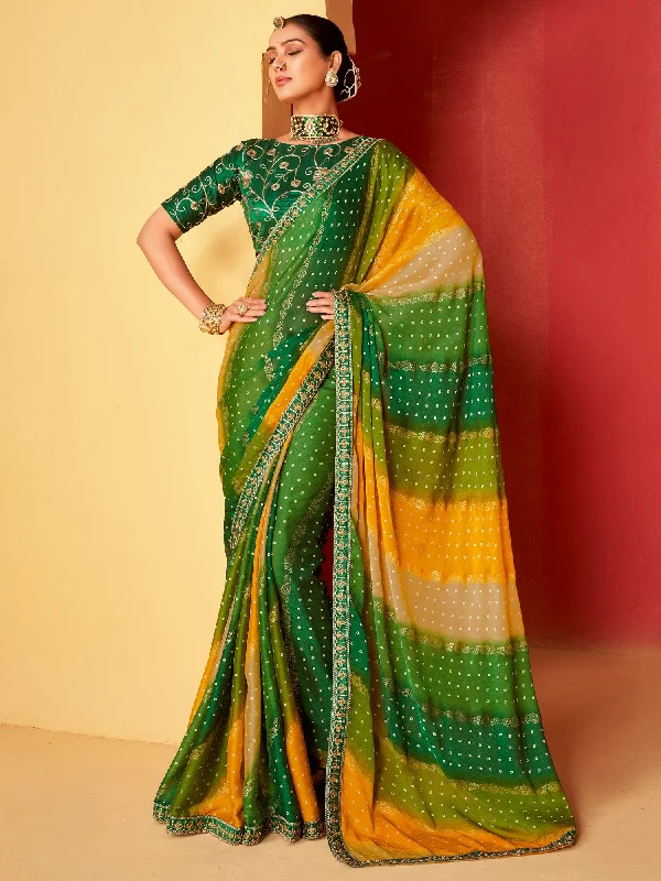 Women's Chiffon Green Embellished Designer Saree With Blouse Piece Feminine Ruffle Blouse Women's Chiffon Green Embellished Designer Saree With Blouse Piece Feminine Ruffle Blouse