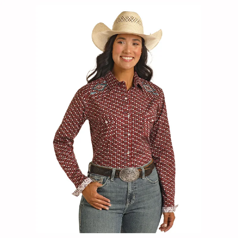 RWN2S03840 Panhandle Women's Long Sleeve Western Snap Shirt - Maroon-- Fashionable Trendy Casual RWN2S03840 Panhandle Women's Long Sleeve Western Snap Shirt - Maroon-- Fashionable Trendy Casual