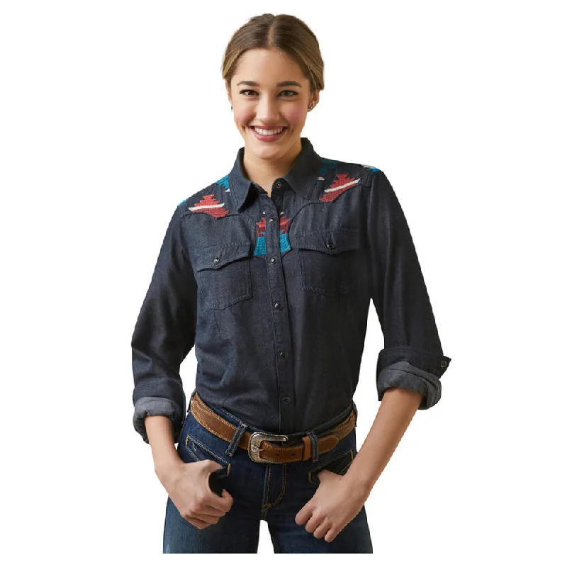 10046312 Ariat Women's Dutton Embroidered Long Sleeve Western Snap Shirt - Rinsed-- Beaded Sequined Faux Fur 10046312 Ariat Women's Dutton Embroidered Long Sleeve Western Snap Shirt - Rinsed-- Beaded Sequined Faux Fur