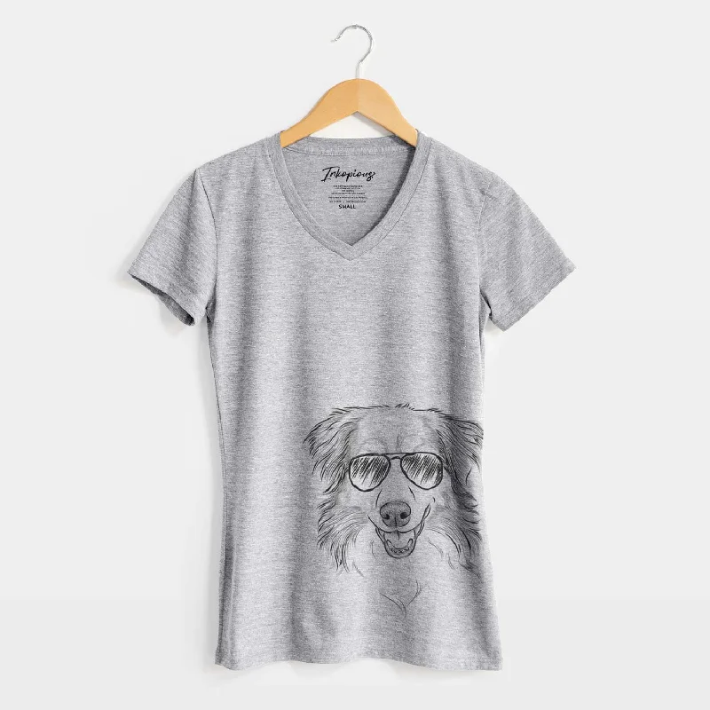 Aviator Hattie the Australian Shepherd - Women's V-neck Shirt-- Denim Fabric Leather Fabric Suede Fabric Aviator Hattie the Australian Shepherd - Women's V-neck Shirt-- Denim Fabric Leather Fabric Suede Fabric