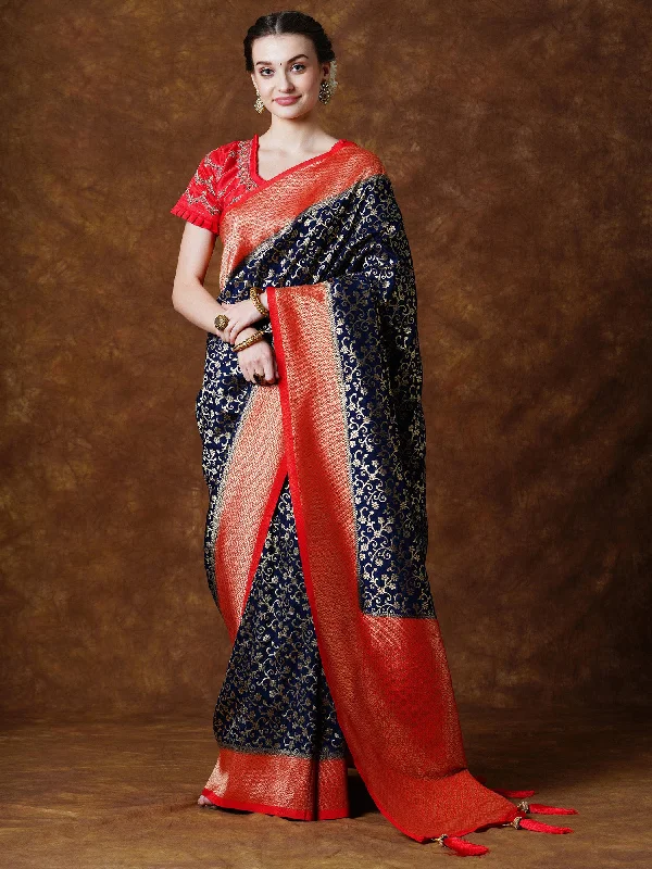 Women's Georgette Navy Blue Woven Design Designer Saree With Blouse Piece Floral Print Blouse Women's Georgette Navy Blue Woven Design Designer Saree With Blouse Piece Floral Print Blouse