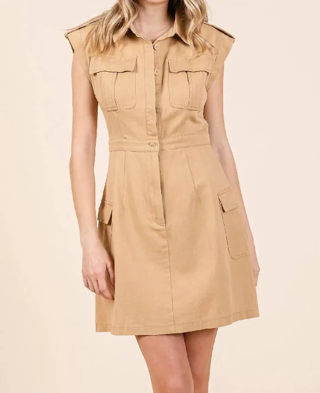Cargo Pocket Mini Dress In Camel Chic Pleated Mini Dress