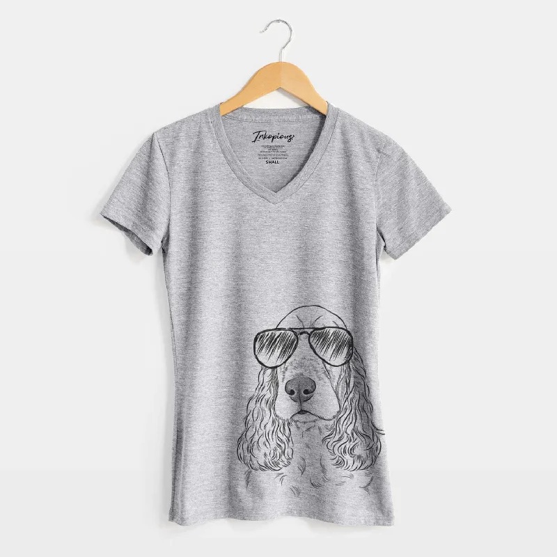 Aviator Henry the English Cocker Spaniel - Women's V-neck Shirt-- Nylon Fabric Polyester Fabric Spandex Fabric Aviator Henry the English Cocker Spaniel - Women's V-neck Shirt-- Nylon Fabric Polyester Fabric Spandex Fabric