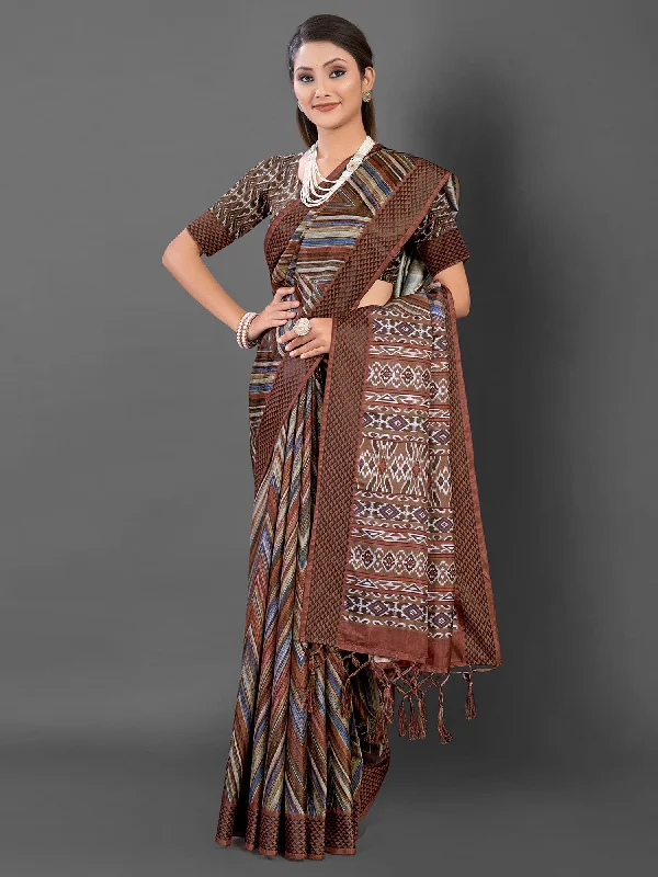 Women's Manipuri Silk Brown Printed Designer Saree With Blouse Piece Office Formal Blouse Women's Manipuri Silk Brown Printed Designer Saree With Blouse Piece Office Formal Blouse