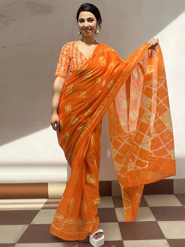 Women's Cotton Orange Printed Designer Saree With Blouse Piece Sleeveless Summer Blouse Women's Cotton Orange Printed Designer Saree With Blouse Piece Sleeveless Summer Blouse