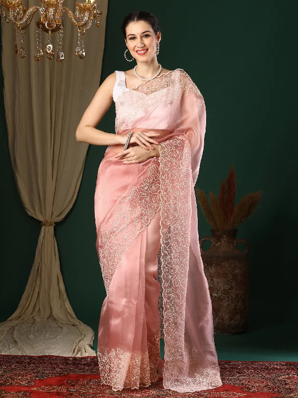 Women's Organza Peach Embroidered Designer Saree With Blouse Piece Feminine Satin Blouse Women's Organza Peach Embroidered Designer Saree With Blouse Piece Feminine Satin Blouse