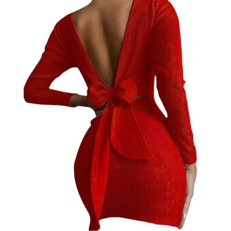 European And American Cross-border Bow Halter Long Sleeve Mini Dress Comfortable Wrap Mini Dress European And American Cross-border Bow Halter Long Sleeve Mini Dress Comfortable Wrap Mini Dress