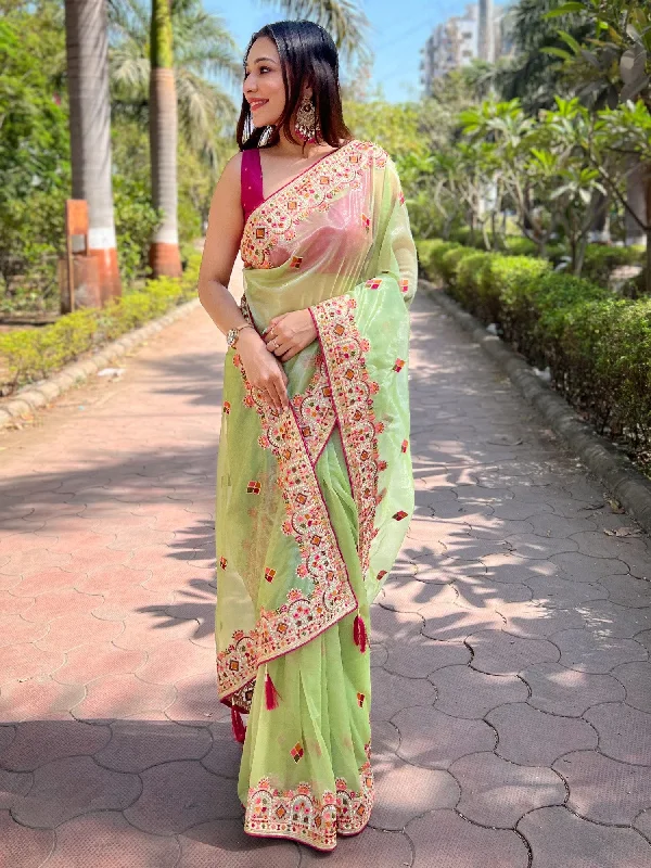 Women's Tissue Light Green Embellished Designer Saree With Blouse Piece Airy Cotton Blouse Women's Tissue Light Green Embellished Designer Saree With Blouse Piece Airy Cotton Blouse