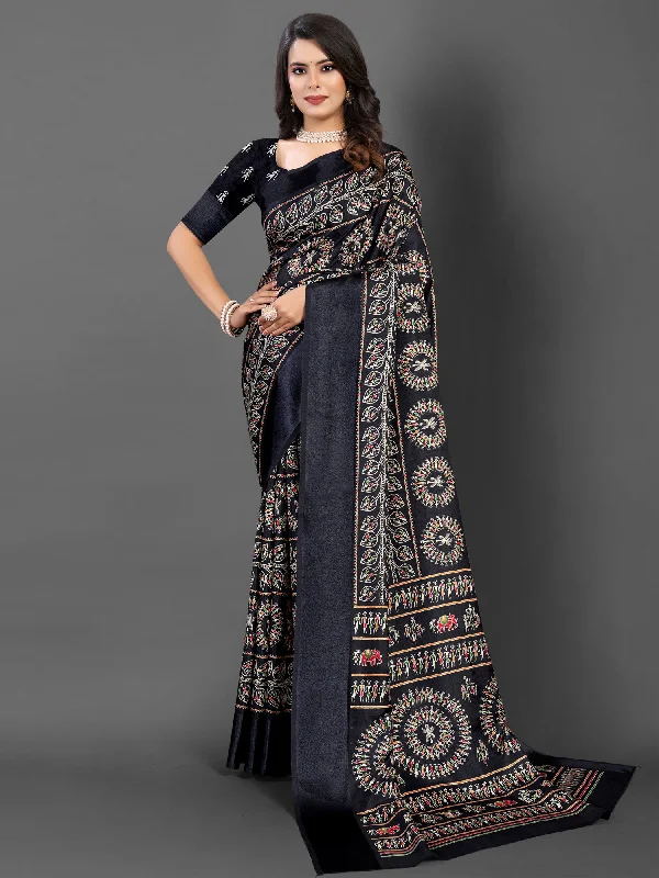 Women's Dola Silk Black Printed Designer Saree With Blouse Piece Flowy Bohemian Blouse Women's Dola Silk Black Printed Designer Saree With Blouse Piece Flowy Bohemian Blouse