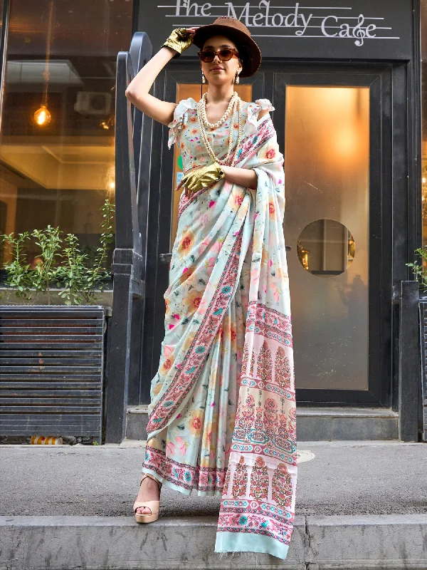 Women's Satin Silk Light Blue Printed Designer Saree With Blouse Piece Delicate Bow Blouse Women's Satin Silk Light Blue Printed Designer Saree With Blouse Piece Delicate Bow Blouse