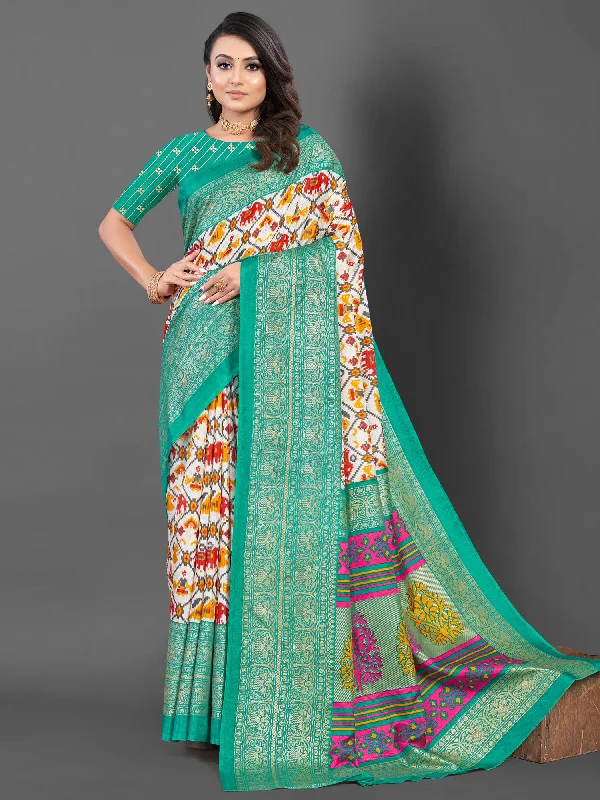 Women's Dola Silk White Printed Designer Saree With Blouse Piece Business Casual Blouse Women's Dola Silk White Printed Designer Saree With Blouse Piece Business Casual Blouse