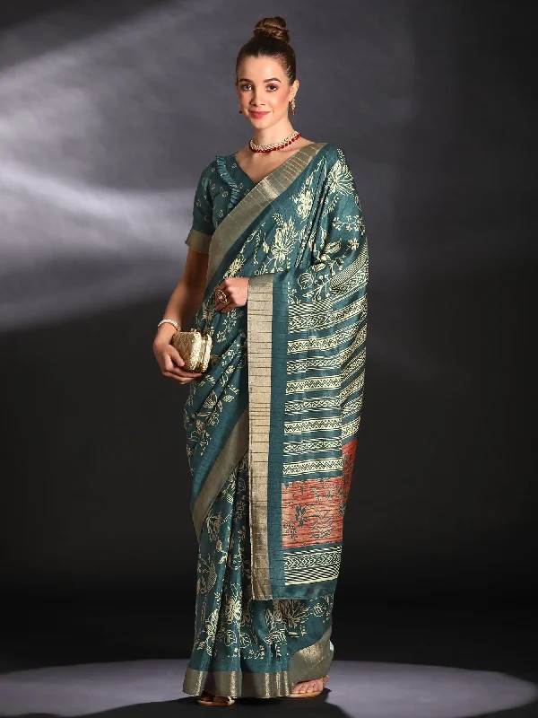 Women's Silk Blend Teal blue Printed Designer Saree With Blouse Piece Delicate Pleat Blouse Women's Silk Blend Teal blue Printed Designer Saree With Blouse Piece Delicate Pleat Blouse
