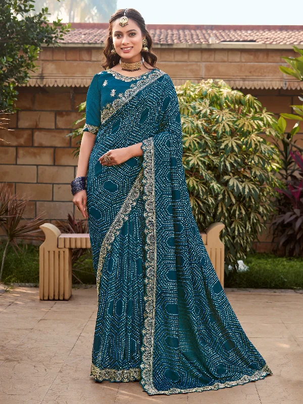 Women's Vichitra Silk Teal blue Printed Designer Saree With Blouse Piece Soft Satin Blouse Women's Vichitra Silk Teal blue Printed Designer Saree With Blouse Piece Soft Satin Blouse