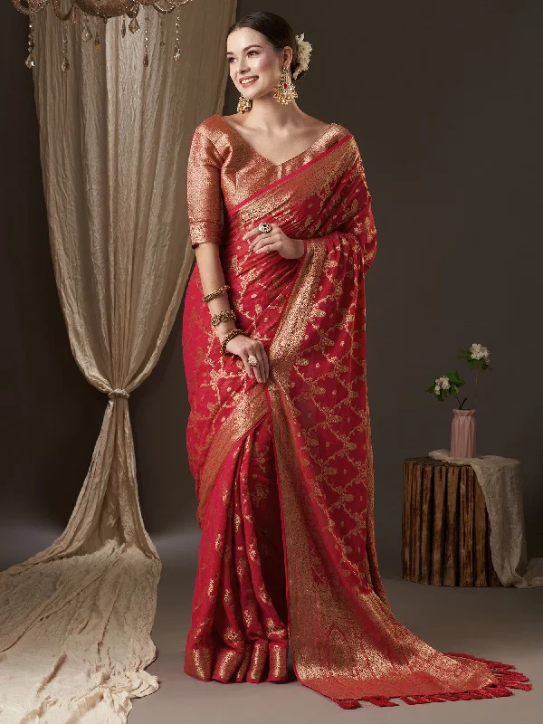 Women's Georgette Red Woven Design Designer Saree With Blouse Piece Everyday Stylish Blouse Women's Georgette Red Woven Design Designer Saree With Blouse Piece Everyday Stylish Blouse
