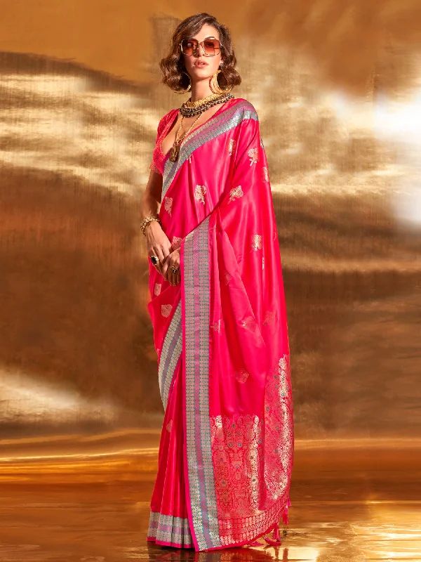 Women's Satin Silk Pink Woven Design Designer Saree With Blouse Piece Semi-Sheer Blouse Women's Satin Silk Pink Woven Design Designer Saree With Blouse Piece Semi-Sheer Blouse