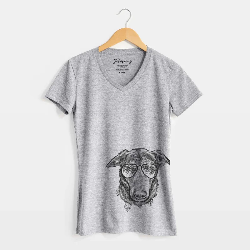 Aviator Echo the Pitbull Beagle Mix - Women's V-neck Shirt-- Hooded Caped Shawl Collar Aviator Echo the Pitbull Beagle Mix - Women's V-neck Shirt-- Hooded Caped Shawl Collar