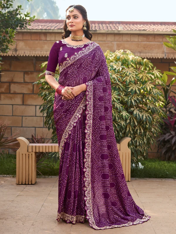 Women's Vichitra Silk Purple Printed Designer Saree With Blouse Piece Vintage Lace Blouse Women's Vichitra Silk Purple Printed Designer Saree With Blouse Piece Vintage Lace Blouse