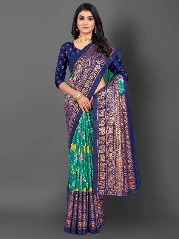 Women's Dola Silk Teal blue Printed Designer Saree With Blouse Piece Soft Modal Blouse Women's Dola Silk Teal blue Printed Designer Saree With Blouse Piece Soft Modal Blouse