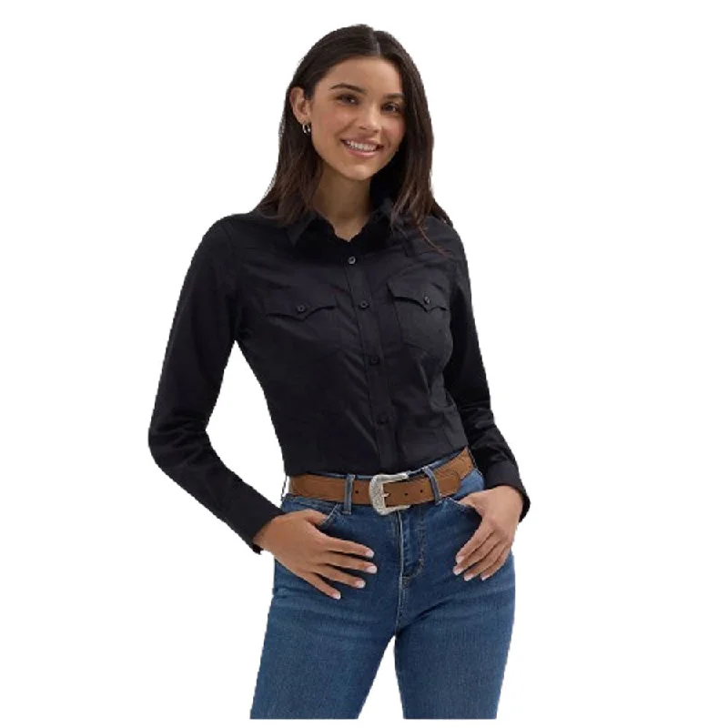 112358012 Wrangler Women's Retro Long Sleeve Solid Western Shirt - Black-- Silk Blend Satin Velvet 112358012 Wrangler Women's Retro Long Sleeve Solid Western Shirt - Black-- Silk Blend Satin Velvet