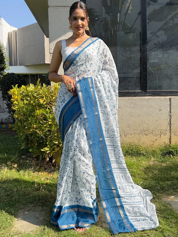 Women's Dola Silk White Printed Ready to Wear With Blouse Piece Backless Summer Blouse Women's Dola Silk White Printed Ready to Wear With Blouse Piece Backless Summer Blouse